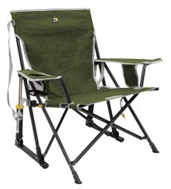 GCI OUTDOOR Kickback Rocker Camping Chair | Portable Folding Rocking Chair with Durable Armrests, Drink Holder & Relaxed Lowered Seat for Comfort — Loden Green